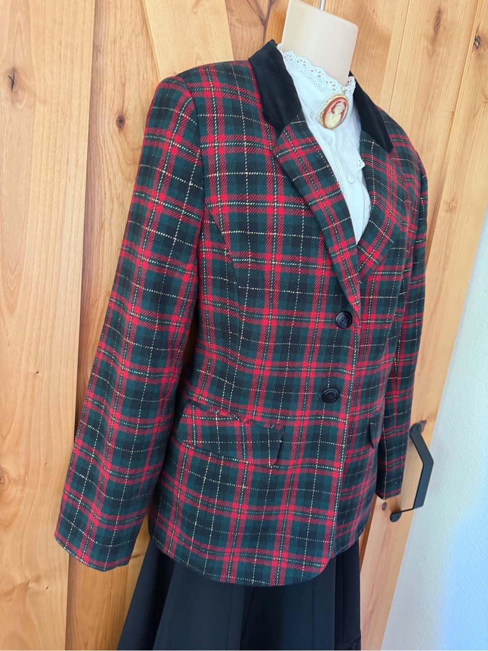 Vintage 90s Tartan Plaid Wool Blazer Red Green Holiday Preppy Equestrian 12 - Picture 6 of 12